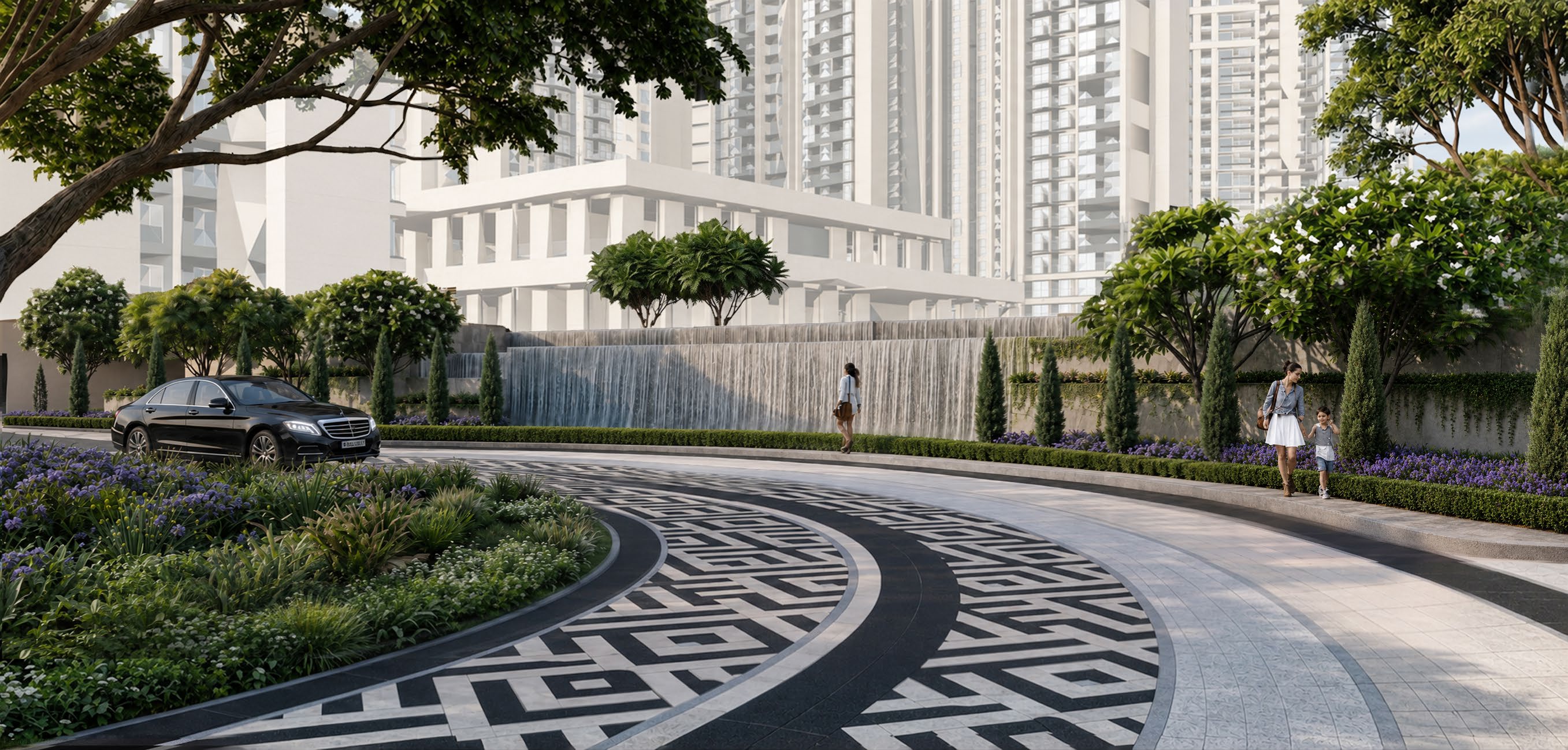 Artist's impression of the landscaped arrival plaza and water wall
