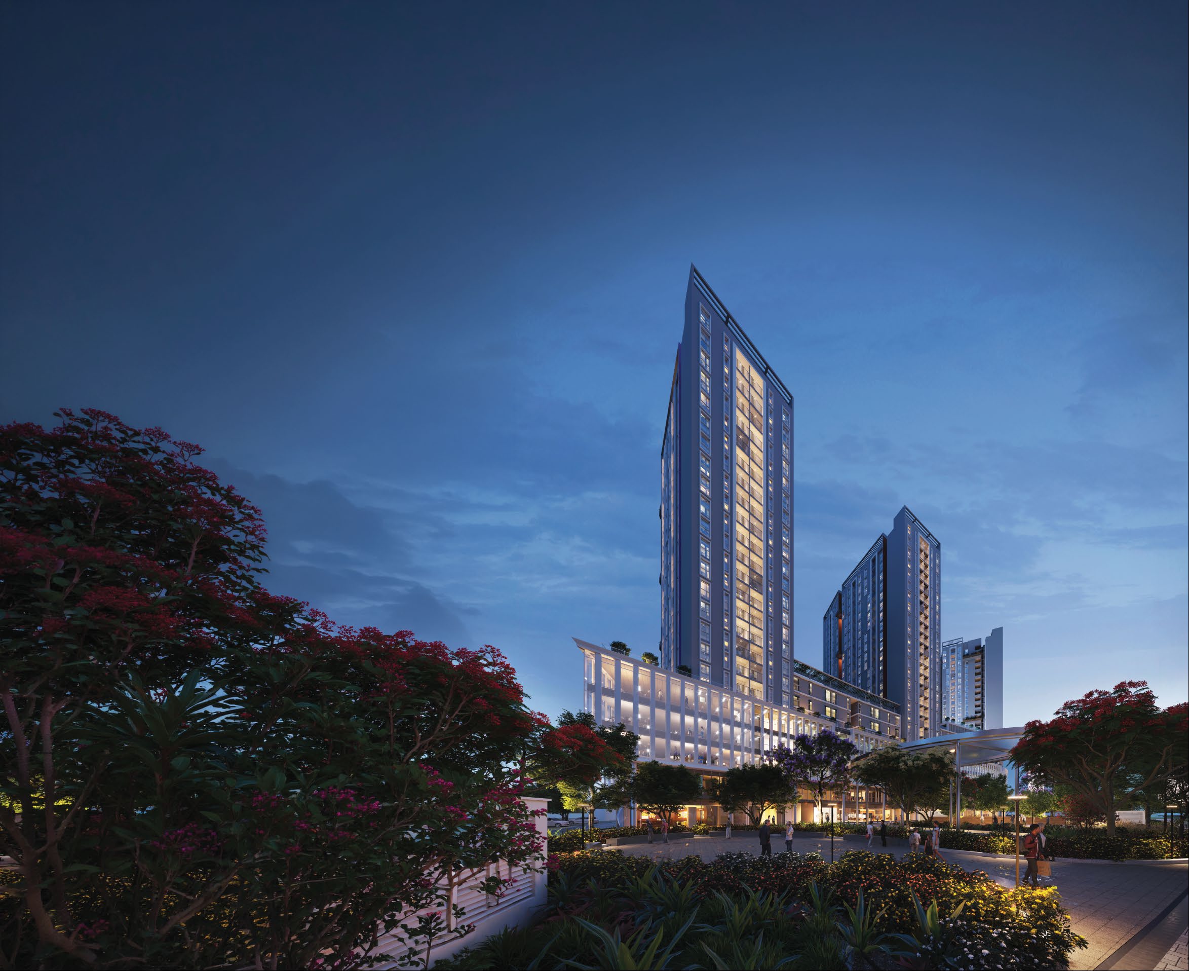 Artist's impression of the residential towers illuminated at dusk